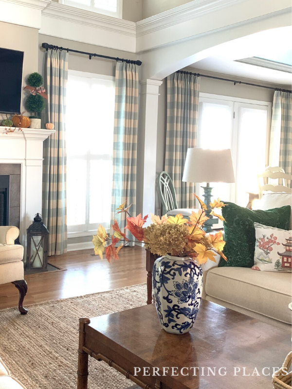 Perfecting Places Blue and Cream buffalo plaid living room window treatments