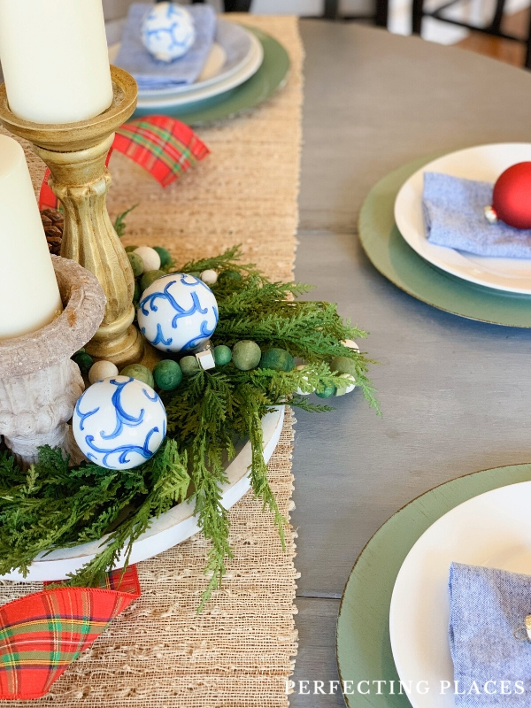 Christmas Centerpiece with Blue and White Ornaments