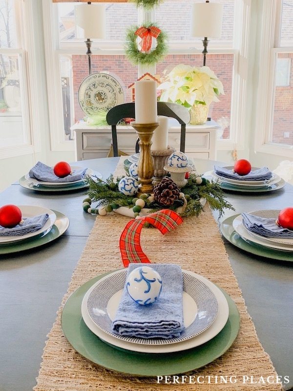 Christmas Table Setting with Tartan Plaid and Blue