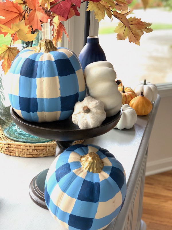 Blue and White Painted Plaid Pumpkins by Perfecting Places