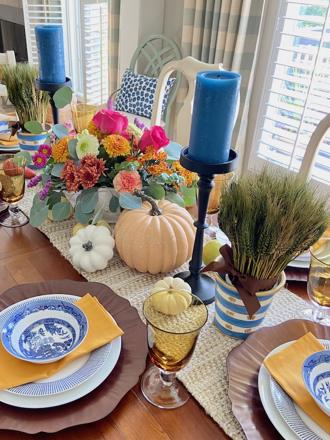 Table Setting for Thanksgiving. Dried Hydrangea Flowers in a Vase