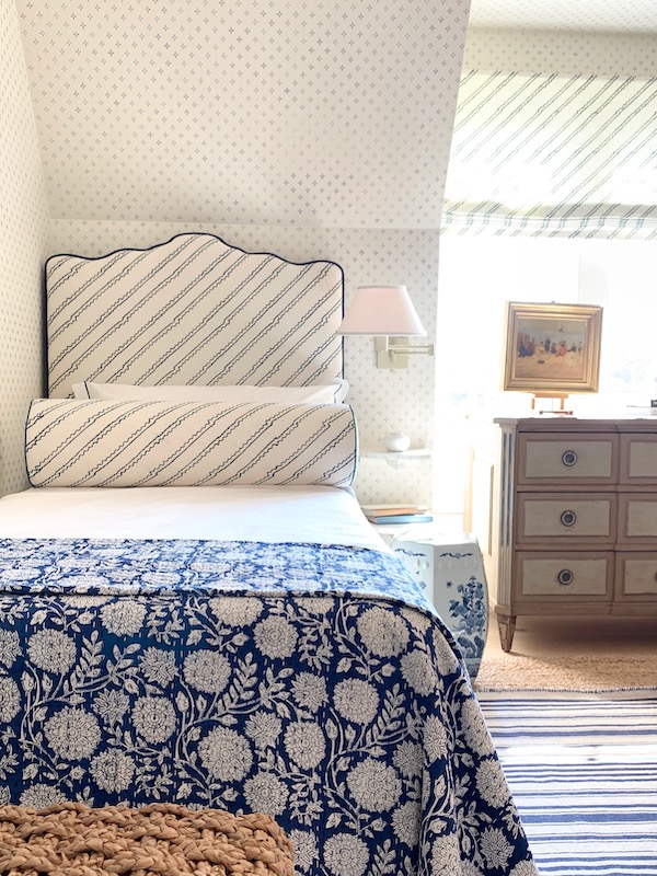 Twin Beds in Bedroom Blue Quilt and Stenciled Walls