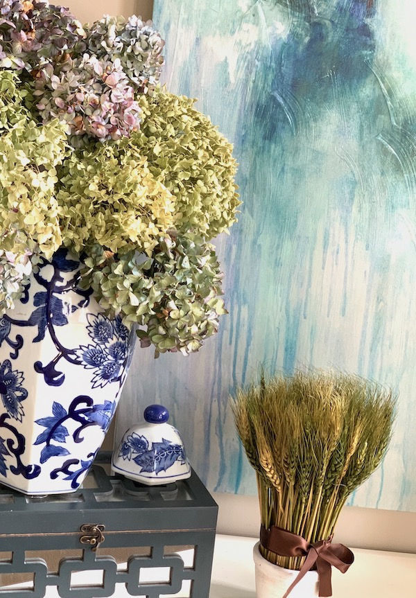 Fall Decor Home Tour Dried Hydrangeas in Blue and White Vase