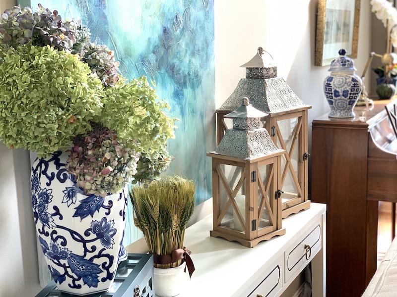 Fall Decor Home Tour Dried Hydrangeas in Blue and White Vase on Sofa Table