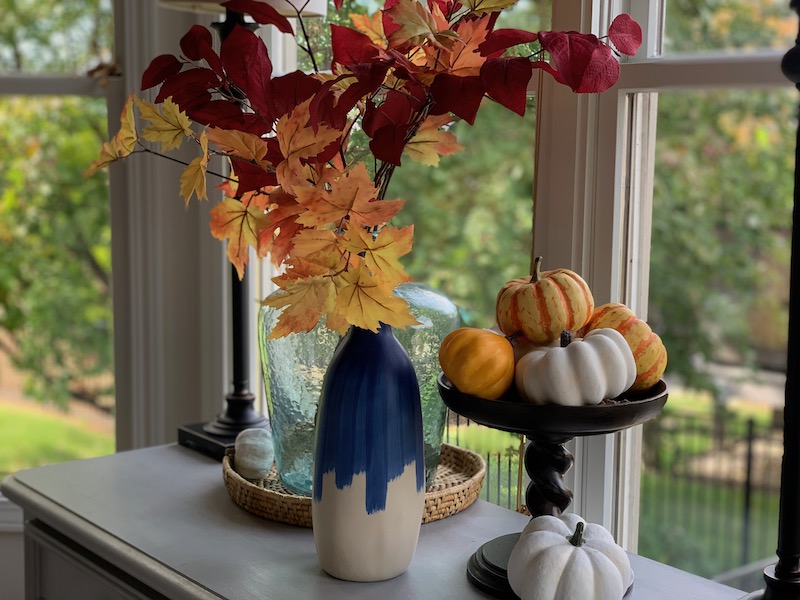 Fall Decor Home Tour Leaves and Pumpkin Centerpiece