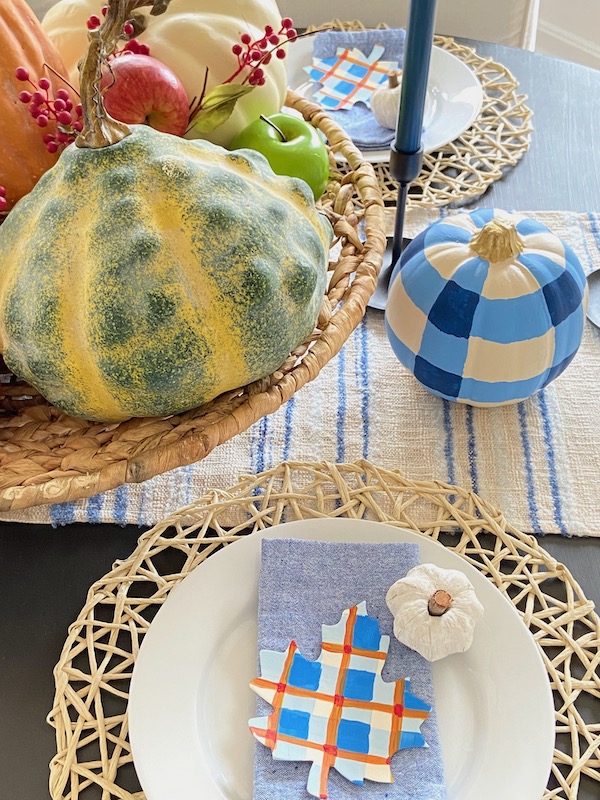 Thanksgiving Table Setting with Blue and White Plaid Pumpkin
