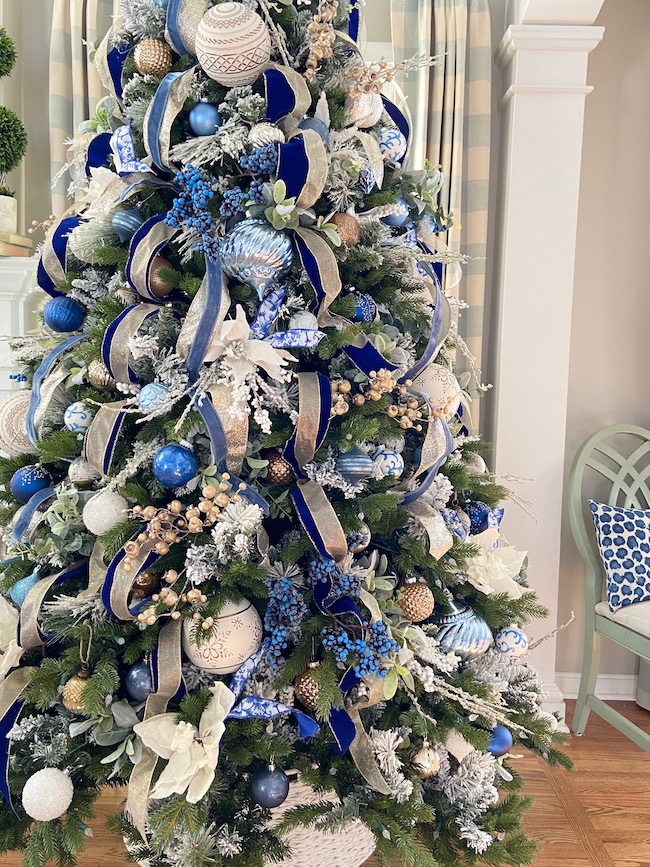 White christmas tree on sale with blue decorations