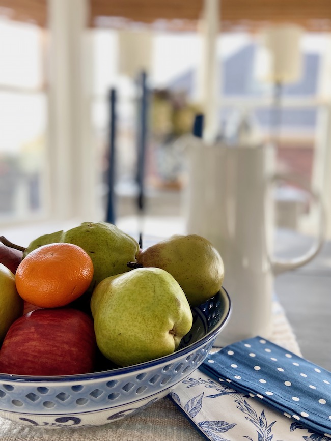 Blue and White Bowl with Fruit Centerpiece