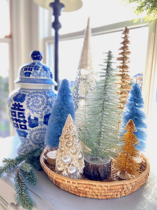 Bottle Brush Trees in Rattan Tray