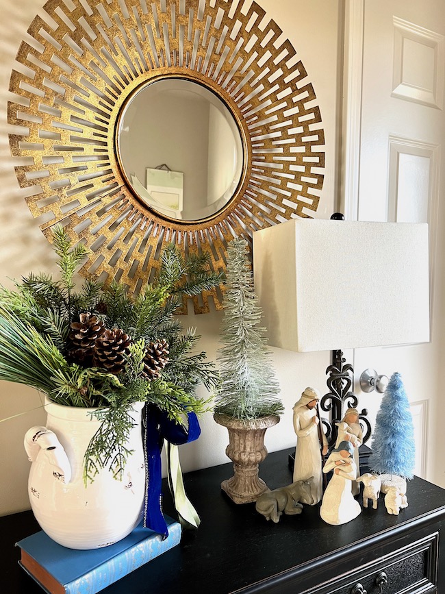 Foyer Table with Blue and White Christmas Decor