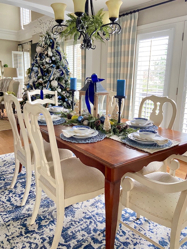 Blue and White Christmas Decor in Dining