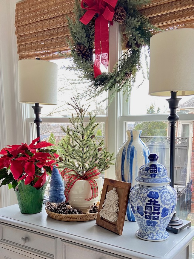 Blue and White with Red Plaid on Kitchen Buffet