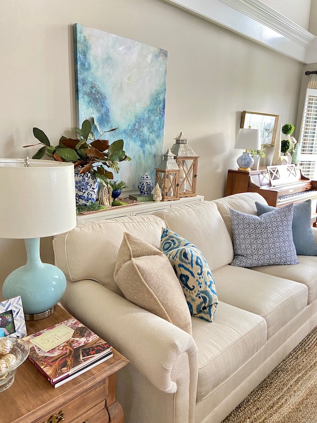 Living Room with Blue and White Christmas Decor