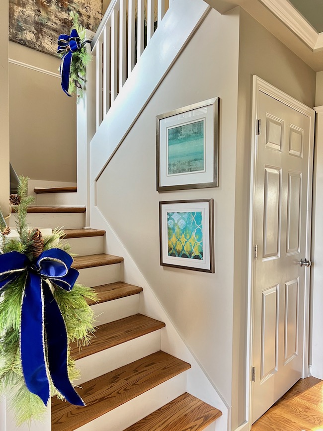 Christmas Stairwell with Blue Velvet Bows