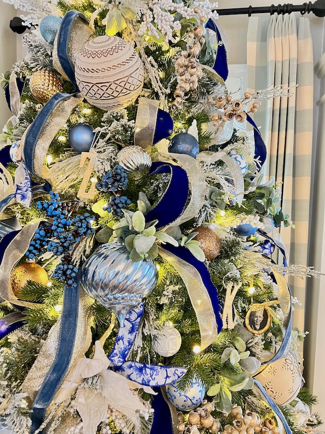 Blue and White Chrismas Tree with Gold Leaf Initial Ornaments