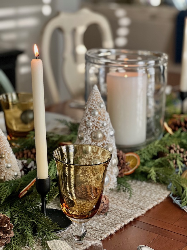 Cream Candles in Christmas Tablescape