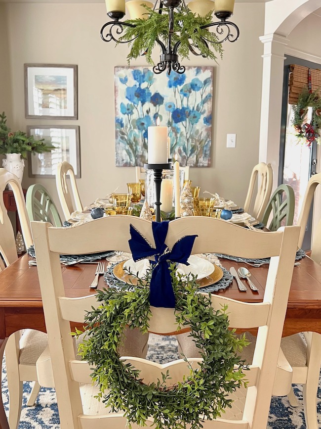 Dining Room Decorated for Christmas in Blue and Gold
