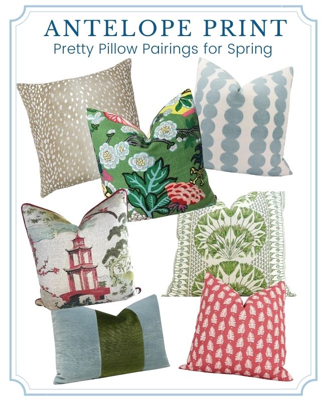 Antelope Print Pillows Paired with Green and Pink Pillows for Spring