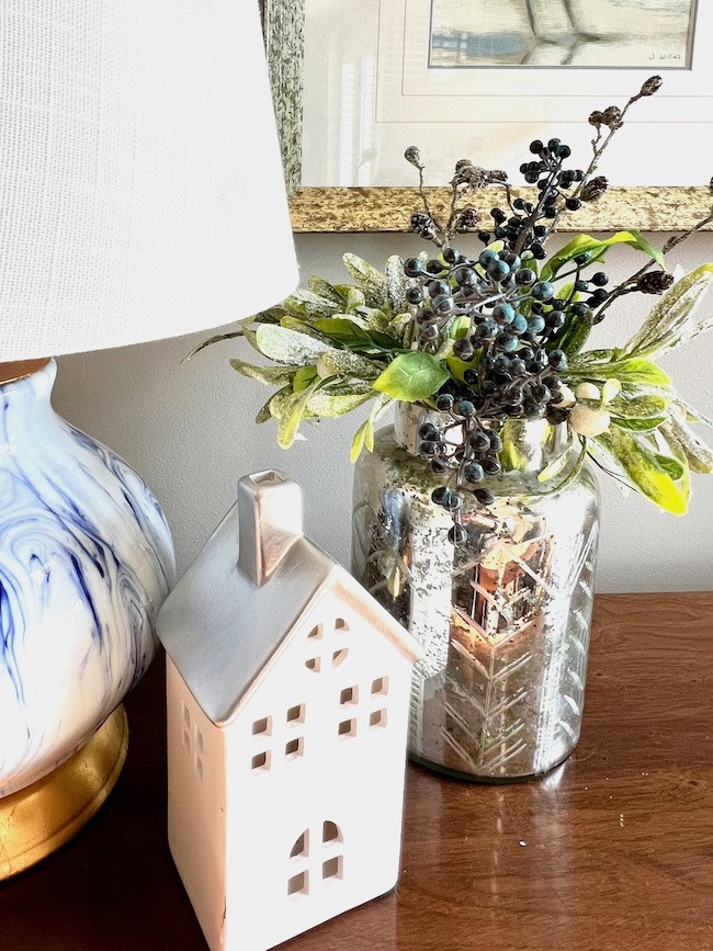 Houses, Greenery, and Mercury Glass for Winter Decor