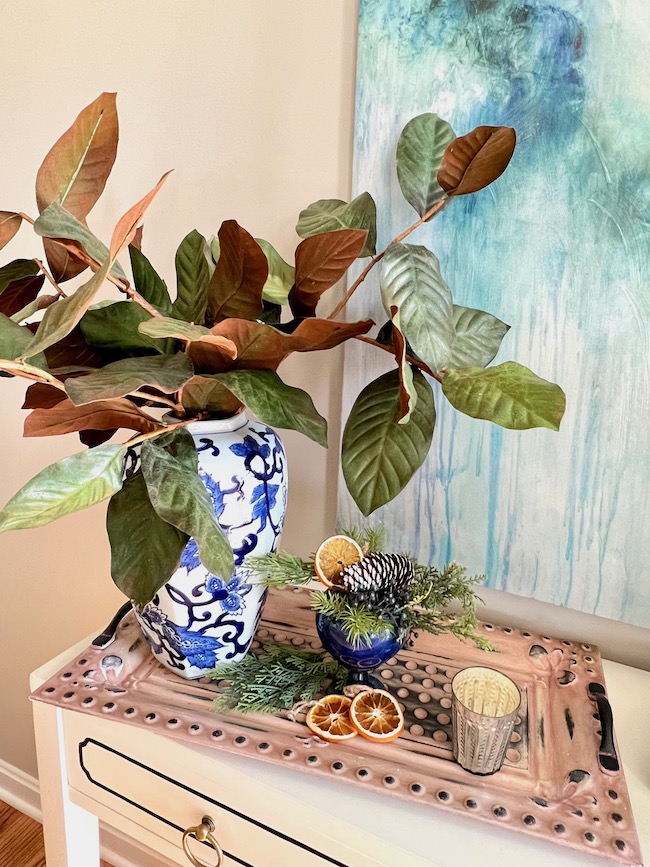 Magnolia Stems in Blue and White Vase for Simple Winter Decor