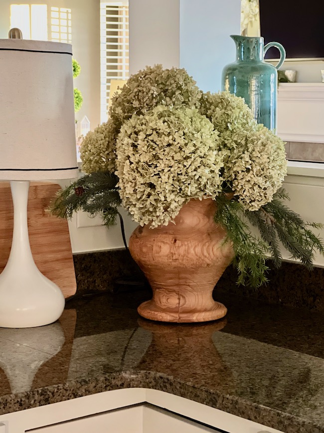 Hydrangeas in Wooden turned Vase