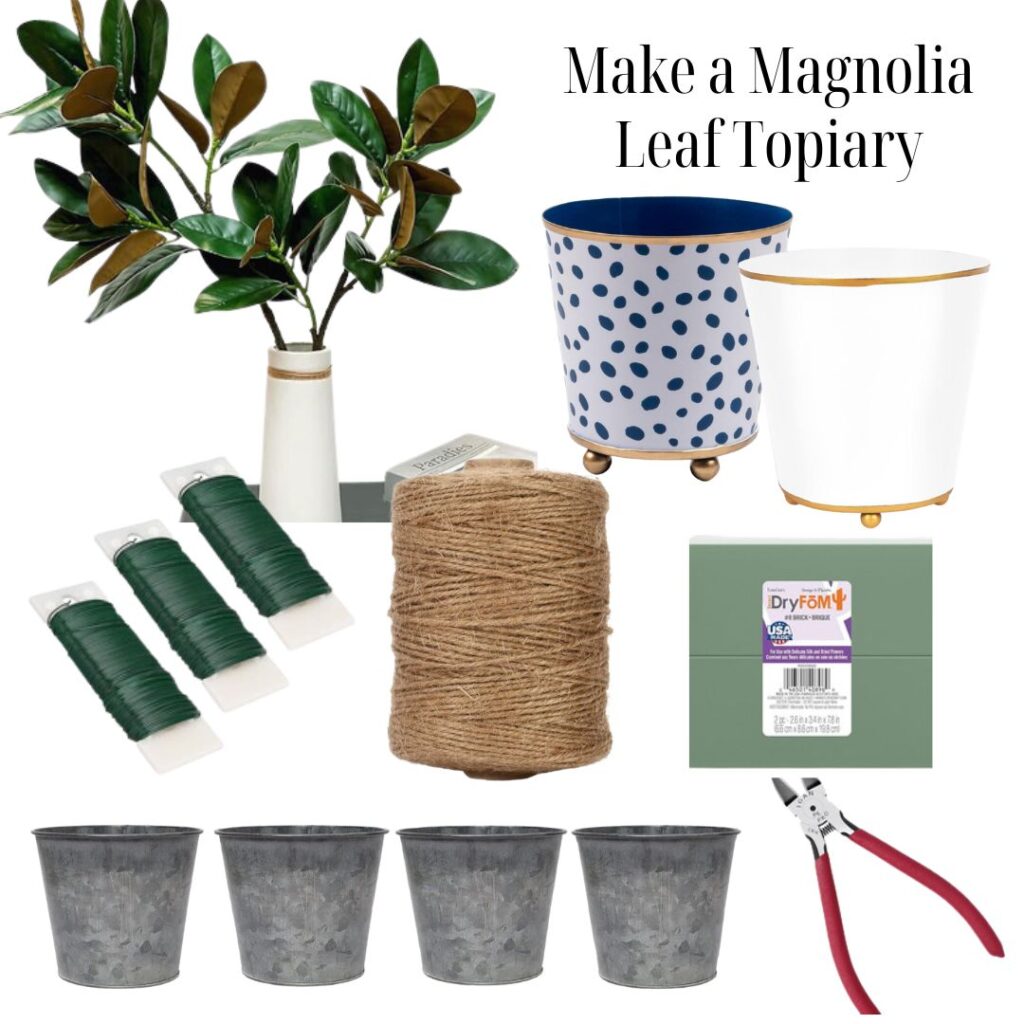 Supplies for DIY Magnolia Topiary in hand-painted pot