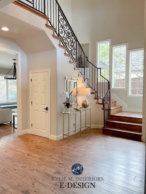 Photo of Foyer painted Sherwin-Williams Accessible Beige via Kylie M Interiors, kylieminteriors.ca