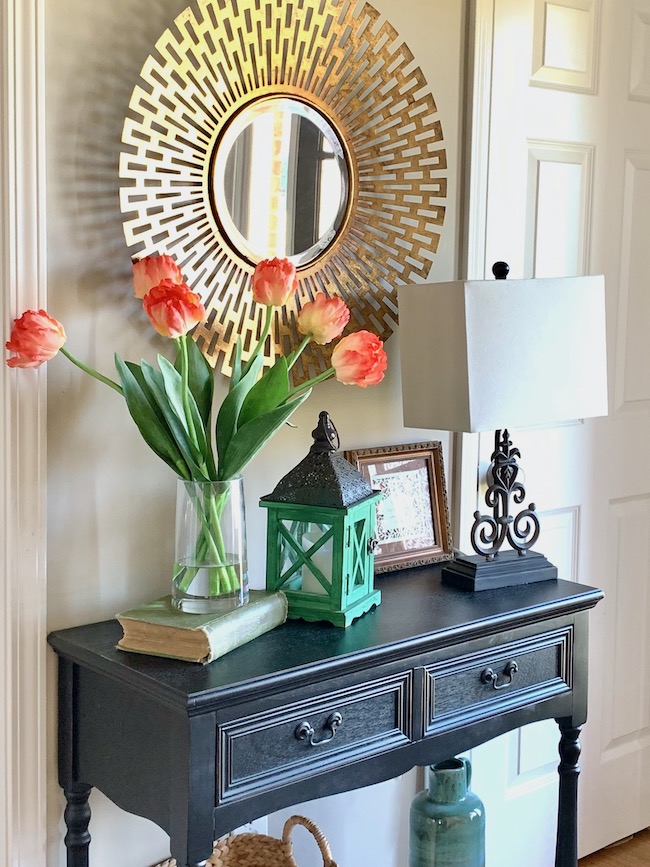 Pretty Spring Foyer Decor with Coral Tulips