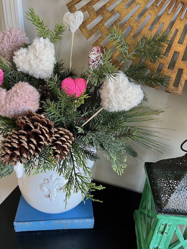 Valentine Arrangement with Yarn-Wrapped Hearts