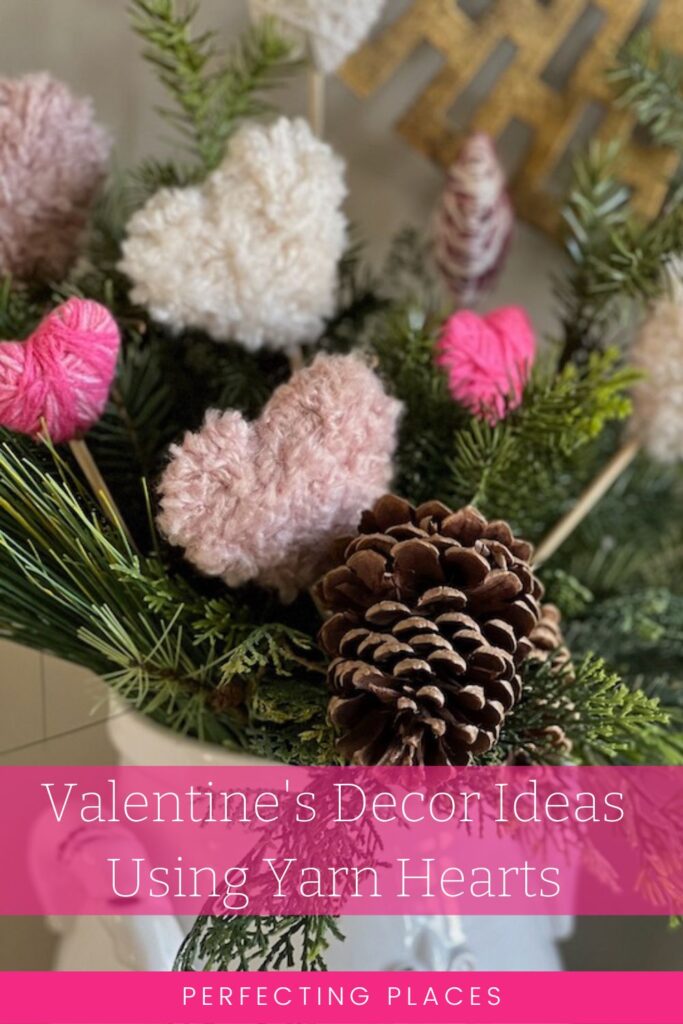 Make floral picks with hese Valentine's Day yarn-wrapped hearts and add them to winter arrangements.