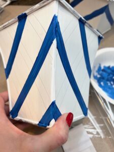 Hand-Painted Tole Cachepots with Blue and White Trellis Pattern DIY