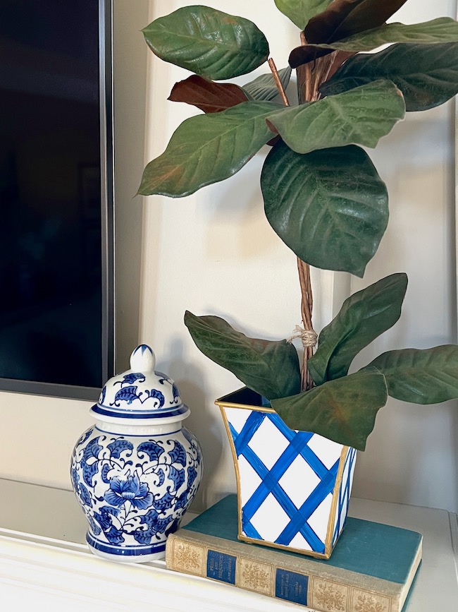 DIY Hand-Painted Tole Cachepot on Mantel