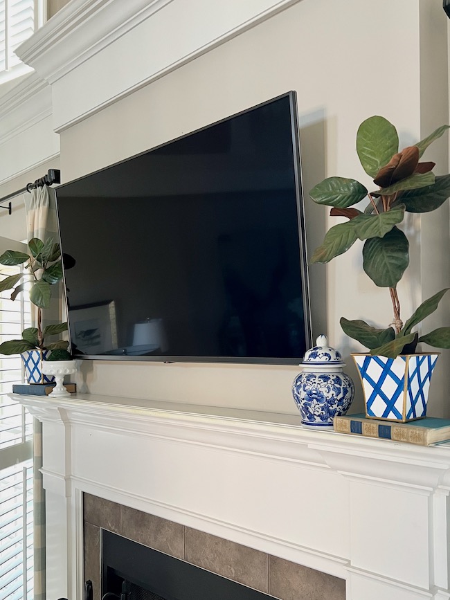 Mantel Decor with DIY Topiaries in Blue and White Cachepots