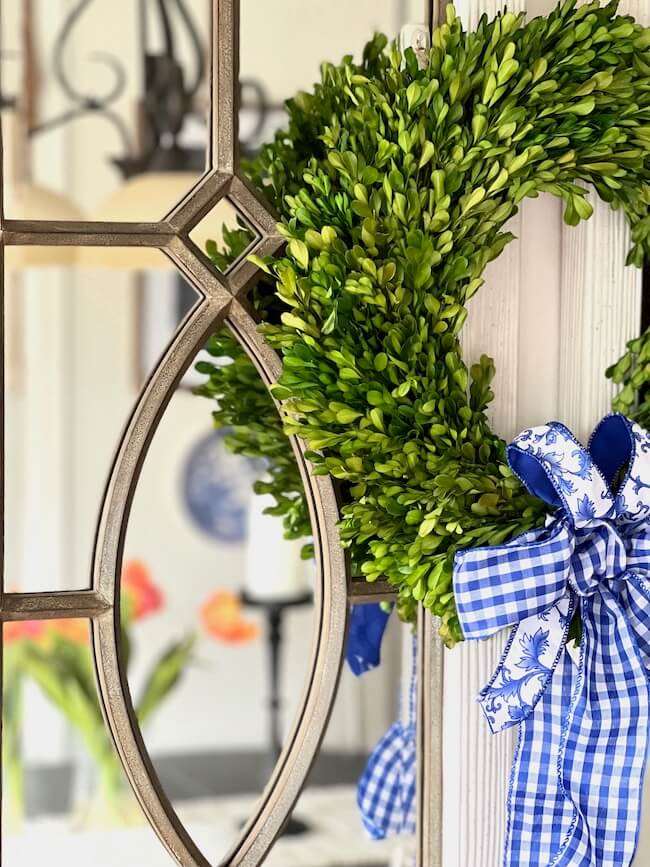 Blue and White Spring Wreath in Kitchen