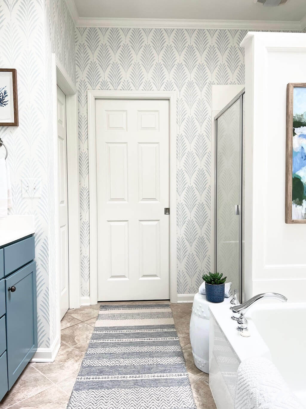 Blue and Beige Striped Runner in Bathroom