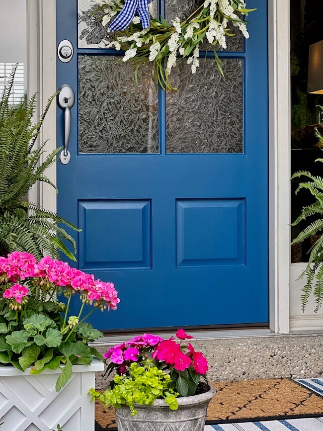 Front Door Painted SW Endless Sea and Pink Geraniums