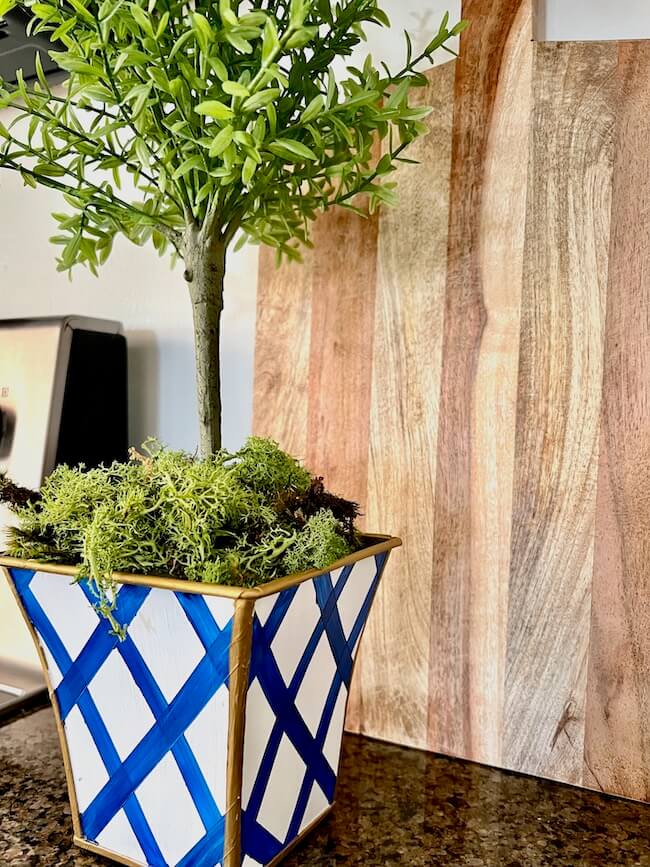 Blue and white painted cachepots with topiary on countertop