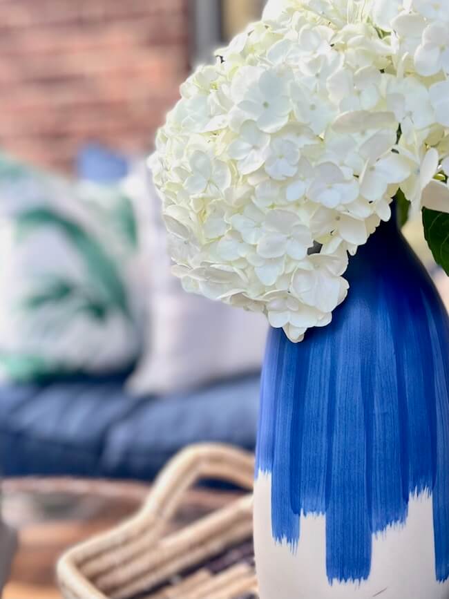 Hydrangeas in Blue Vase on Porch