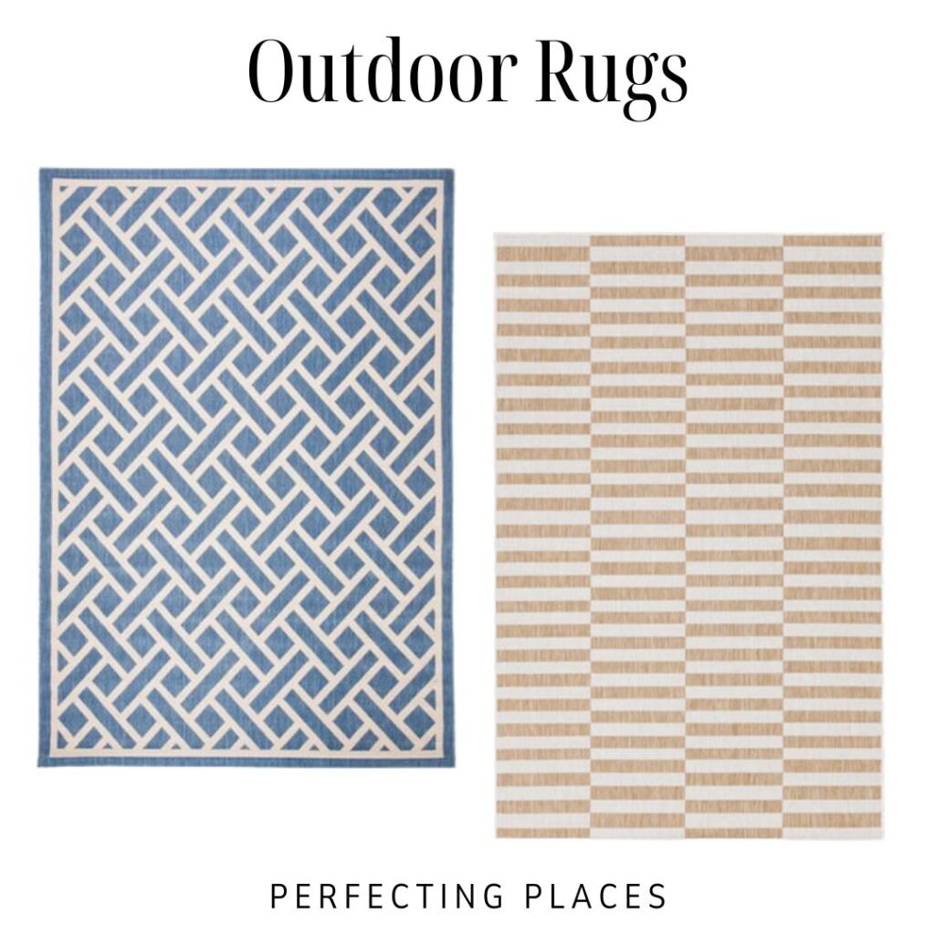Outdoor rugs, blue and white, and beige and white