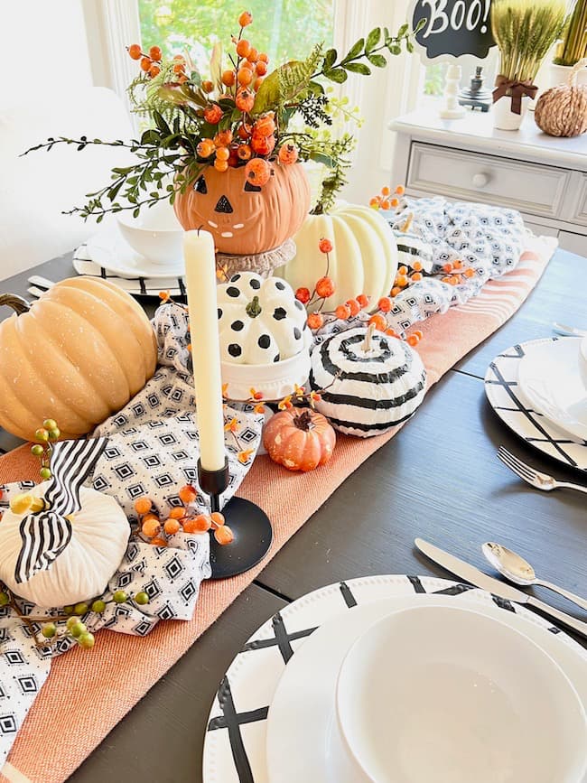Orange black and white Halloween tablescape 7015