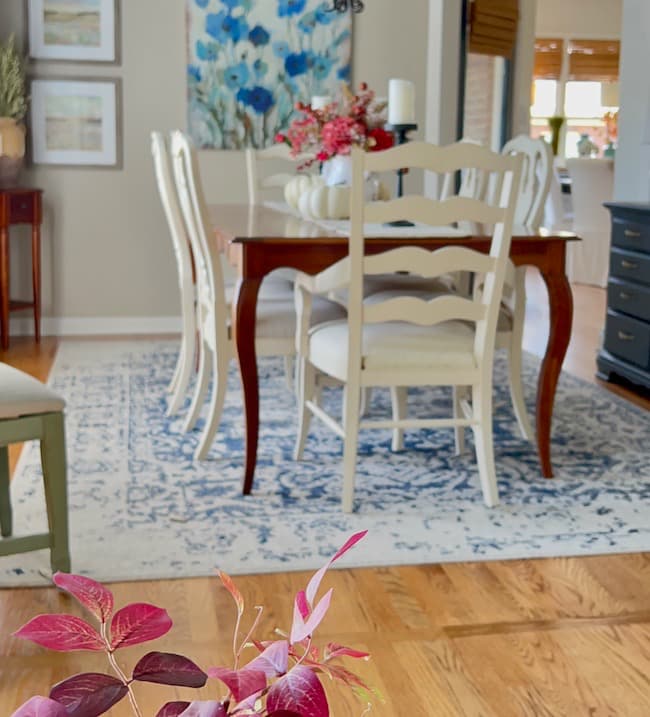 Blue and White Dining room with fall colors.