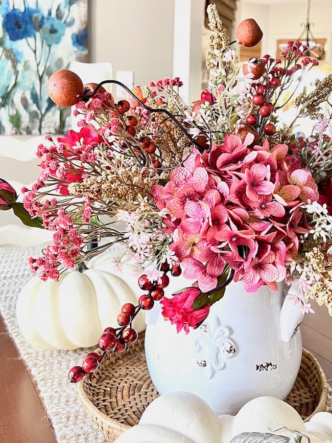 Fall Centerpiece in Cranberry, Rose and Blush with white pumpkins