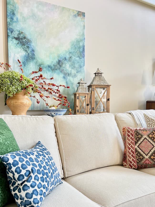 Fall pillows on living room sofa 