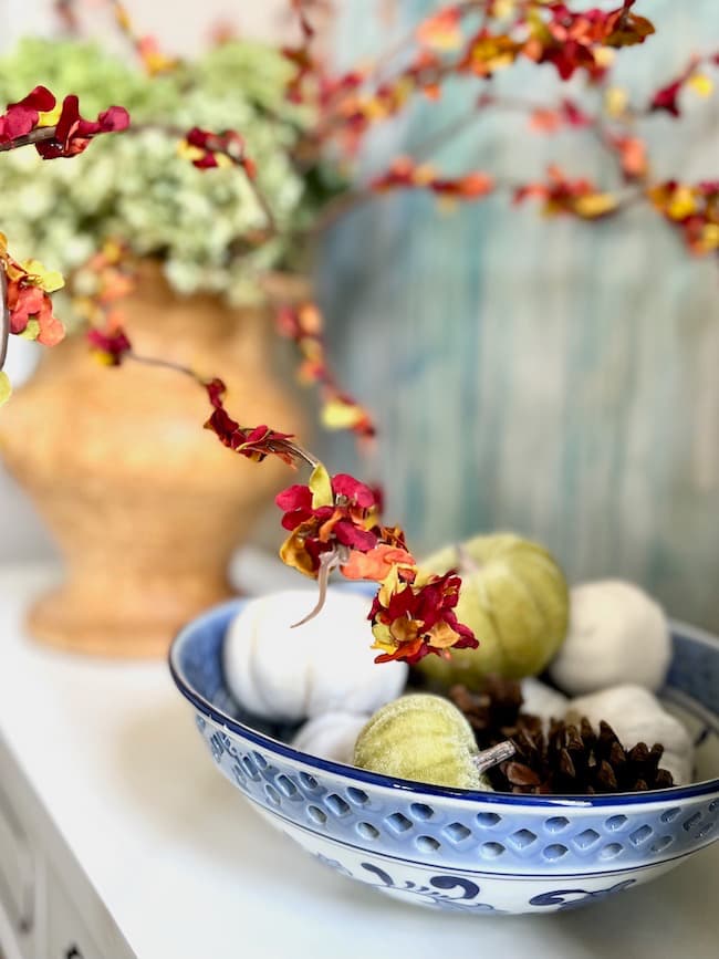 green and white pumpkins in a blue and white bowl