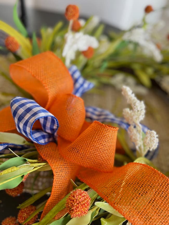 Orange Burlap and Blue and White Gingham Bow for Fall Wreath