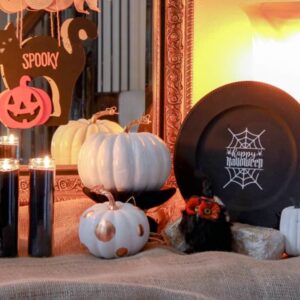 Entry table decorated for Halloween