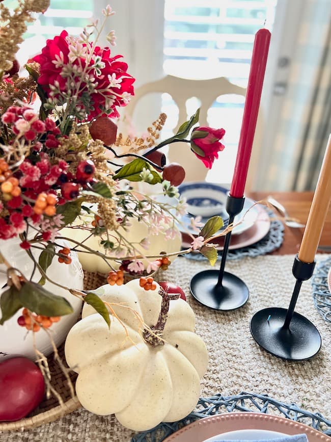 Dining Table Fall Centerpiece with Blue and White dishes for fall