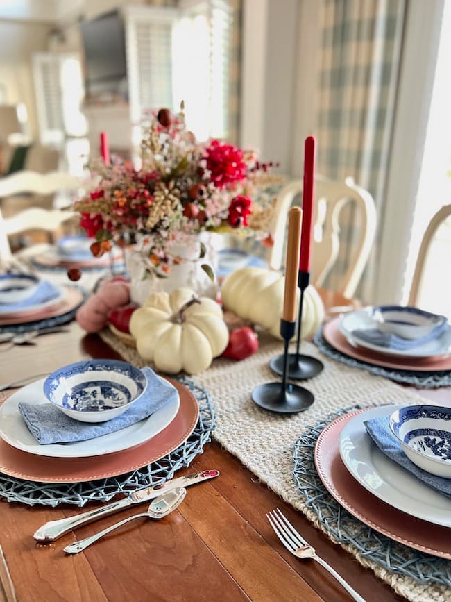 Fall Decorating with Blue and White Rug in Dining Room