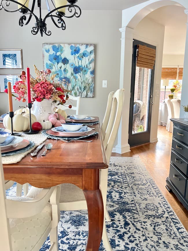 Fall Decorating with Blue and White Rug in Dining Room -- Safavieh Madison Blue and White rug