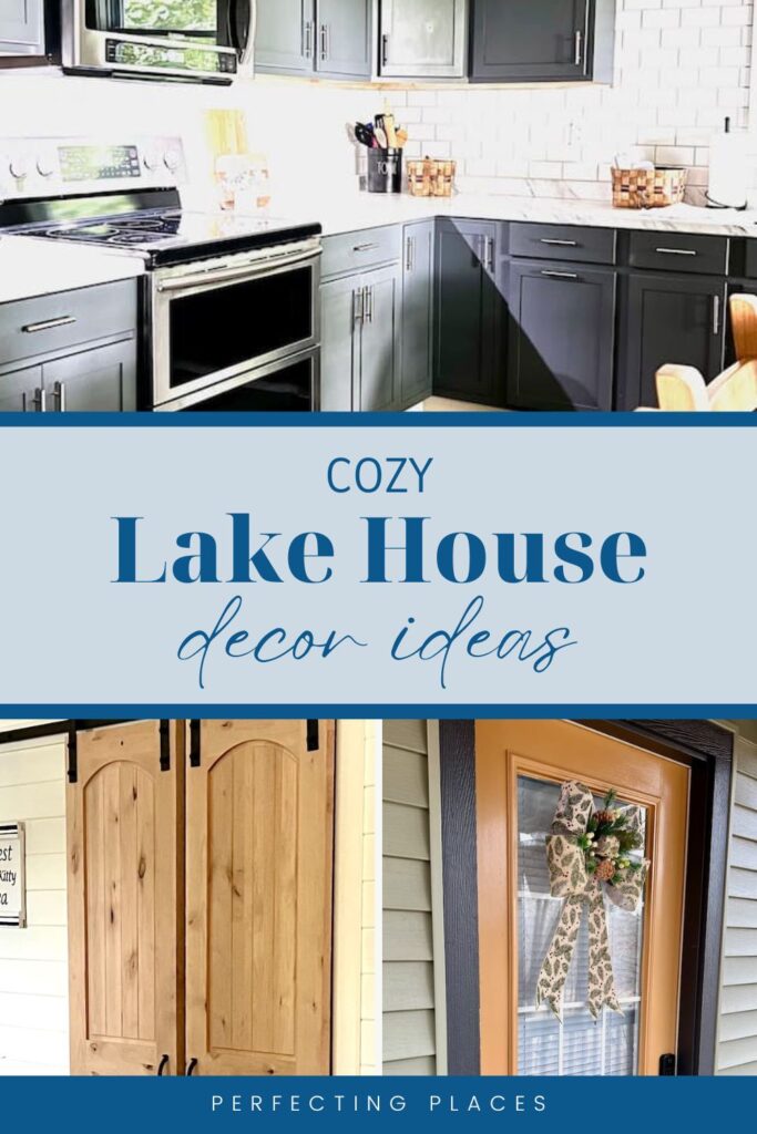 A collage image titled "Cozy Lake House Decor Ideas" with three sections: a modern kitchen with dark cabinetry and white subway tiles, rustic wooden doors, and an orange front door with a decorative wreath. The bottom caption reads "Perfecting Places." Embrace the essence of lakehouse decor.